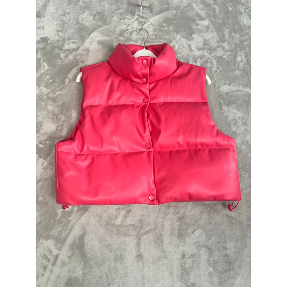 Simply Southern Kids Puffer Vest Pink Faux Leather Collared Button Front‎ Size L